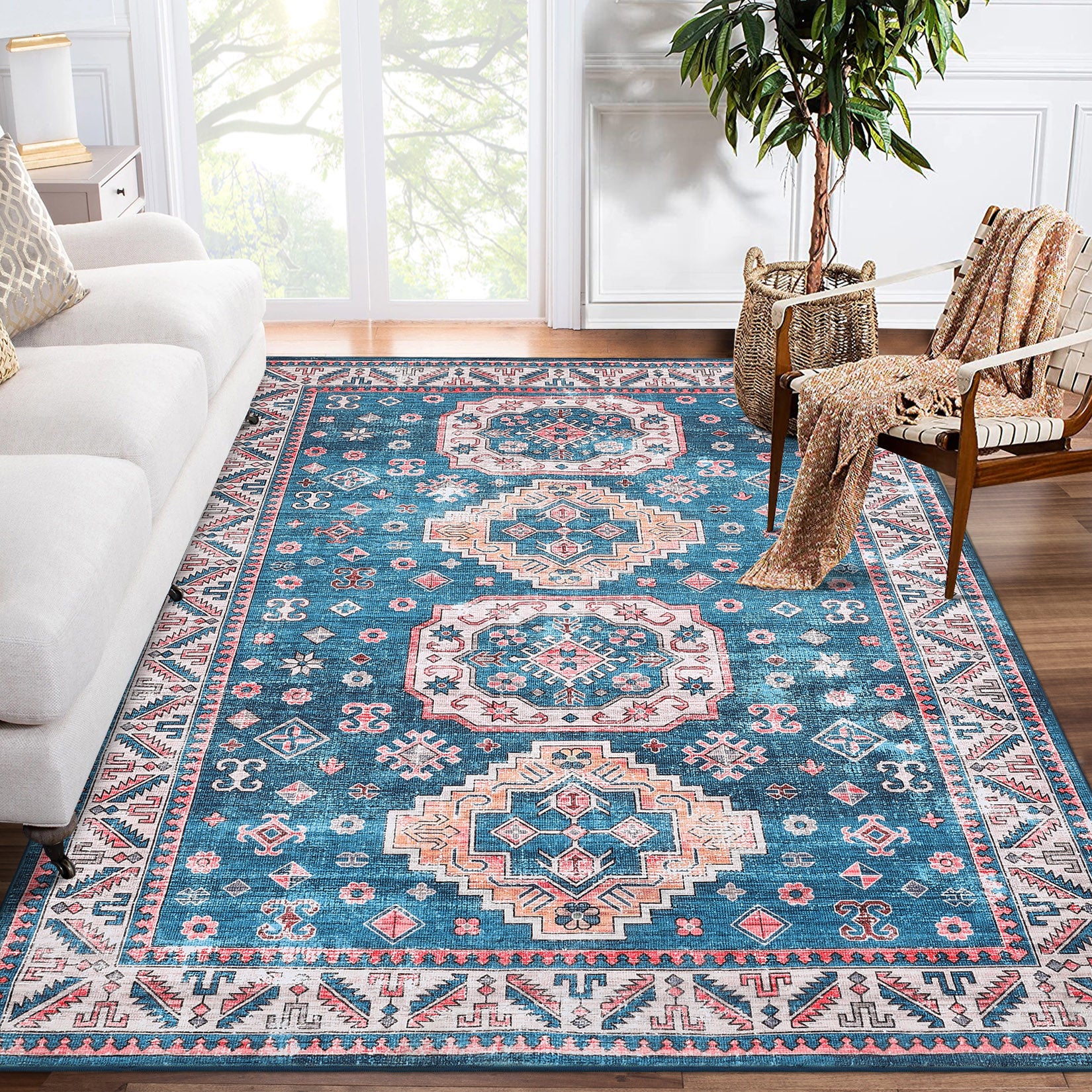 Garvee Rugs for Living Room 5x7 Rug Boho Area Rug Washable Rugs Vintage Oriental Rug Bedroom Decor Floor Mats Soft Distressed Rug Non Slip Non Shedding Office Rug for Nursery, Blue/Fuchsia 5'x7'