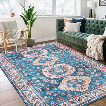 Garvee Navy Blue 9x12 Large Area Rug, Living Room Rug Oriental Indoor Rug Boho Floor Cover Vintage Tribal Area Rugs Non-Slip Area Rug Distressed Carpet for Bedroom Kitchen Home Office