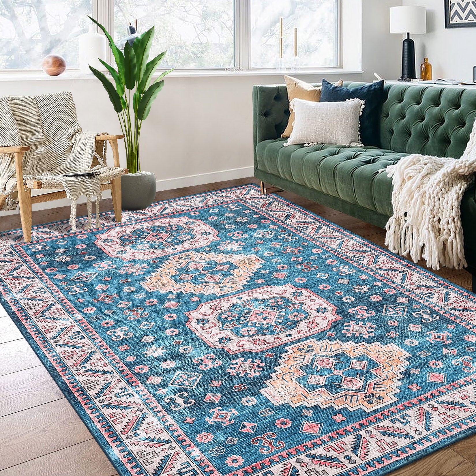 Garvee Rugs for Living Room 5x7 Rug Boho Area Rug Washable Rugs Vintage Oriental Rug Bedroom Decor Floor Mats Soft Distressed Rug Non Slip Non Shedding Office Rug for Nursery, Blue/Fuchsia 5'x7'