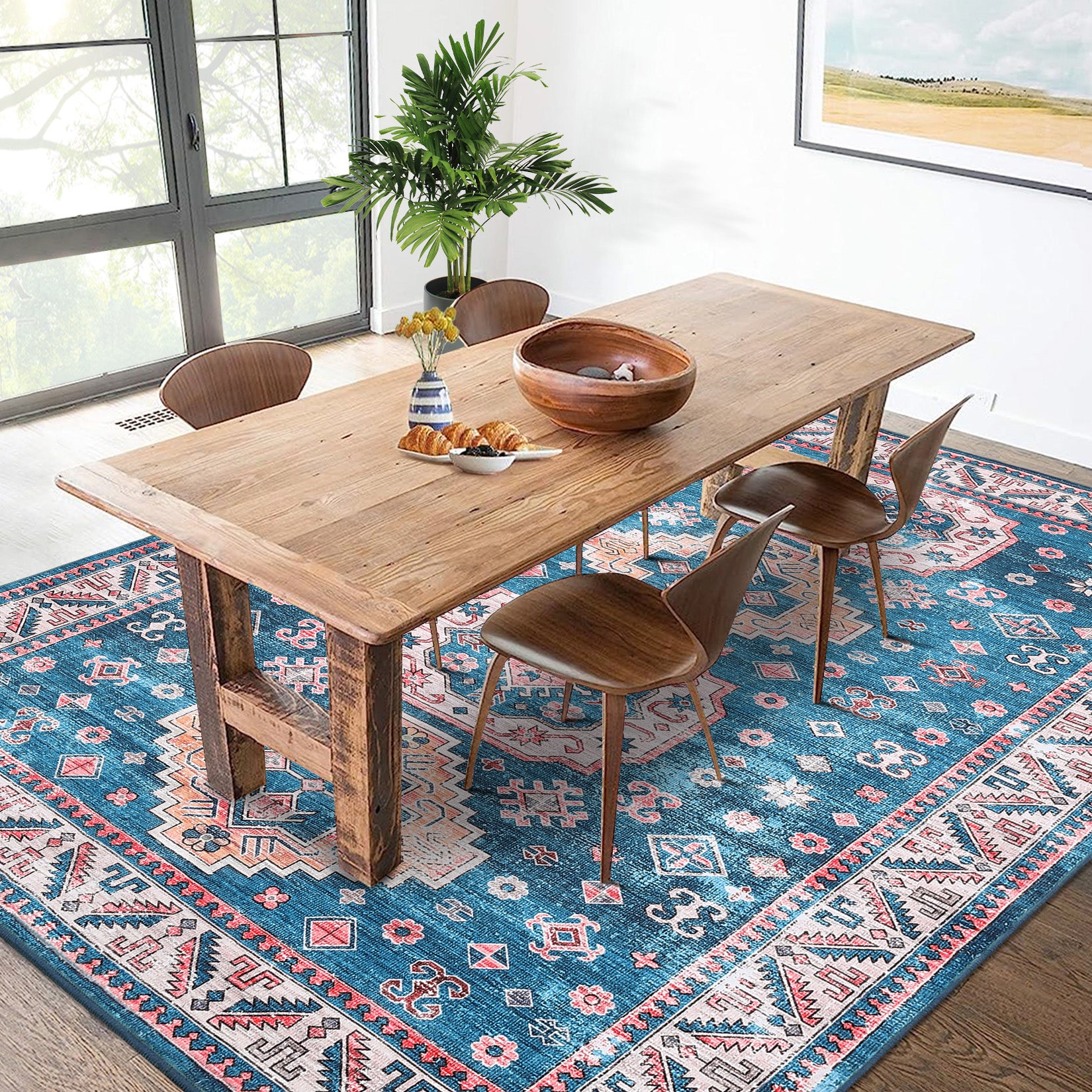 Garvee Rugs for Living Room 5x7 Rug Boho Area Rug Washable Rugs Vintage Oriental Rug Bedroom Decor Floor Mats Soft Distressed Rug Non Slip Non Shedding Office Rug for Nursery, Blue/Fuchsia 5'x7'