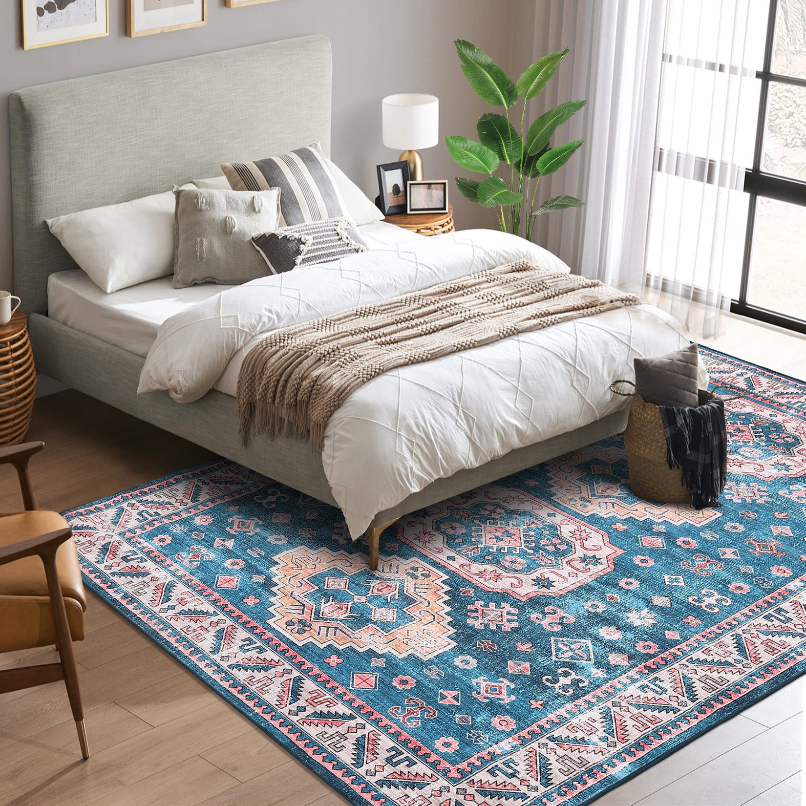 Garvee Rugs for Living Room 5x7 Rug Boho Area Rug Washable Rugs Vintage Oriental Rug Bedroom Decor Floor Mats Soft Distressed Rug Non Slip Non Shedding Office Rug for Nursery, Blue/Fuchsia 5'x7'