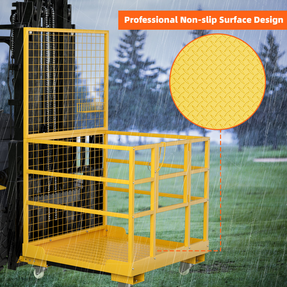 Garvee 43"x45" Forklift Safety Cage, Forklift Man Basket Forklift Work Platform with Safety Harness & Lock, 1400lbs Capacity Drain Hole & Wheels & Tool Basket, Perfect for Aerial Work