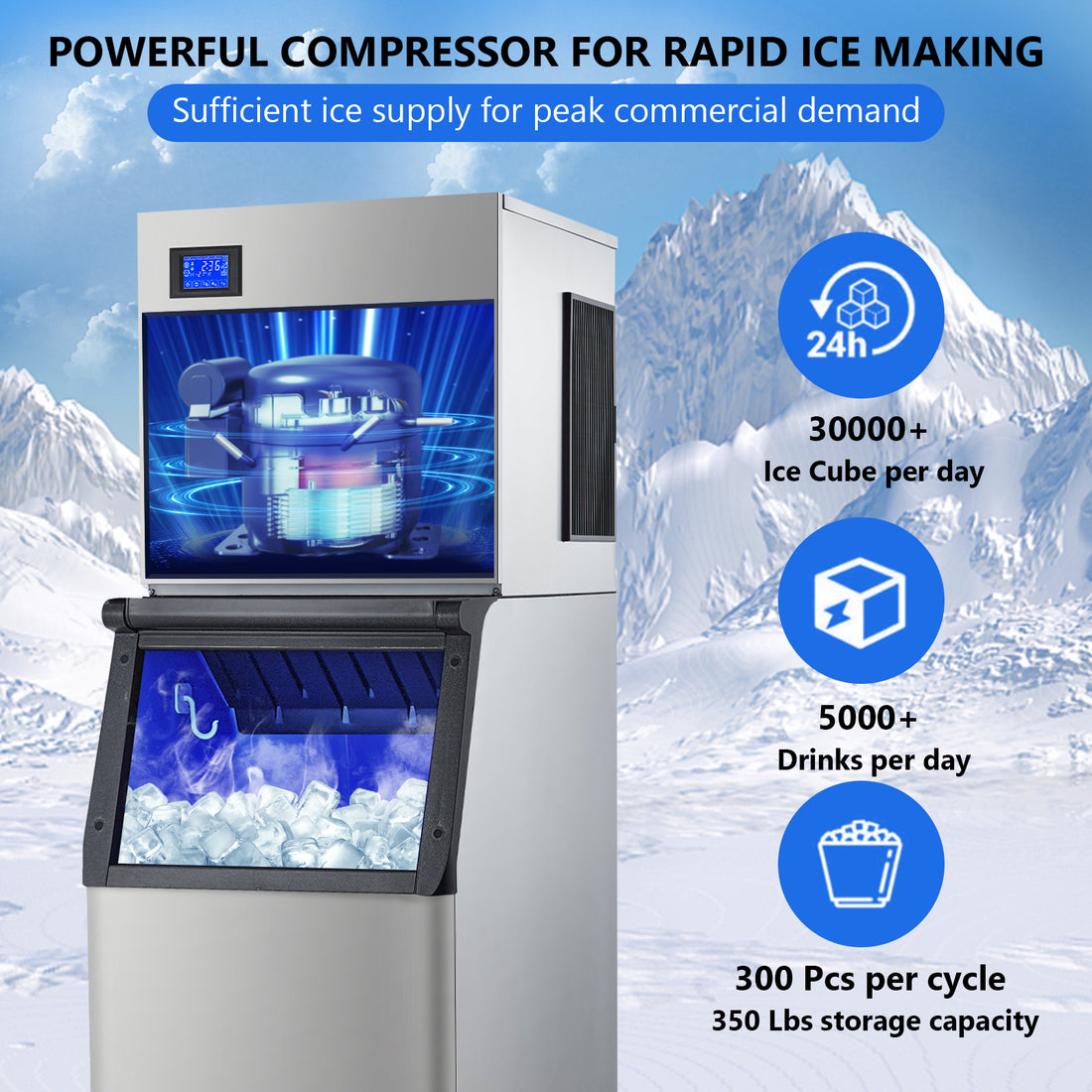 Garvee 350LBS/24H Commercial Ice Maker Freestanding Ice Machine 310lbs Storage for Coffee Shop Business Restaurant 14X15 Ice Cube