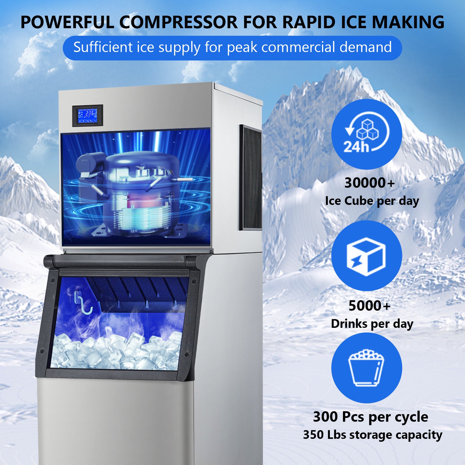 Garvee 350LBS/24H Commercial Ice Maker Freestanding Ice Machine 310lbs Storage for Coffee Shop Business Restaurant 14X15 Ice Cube