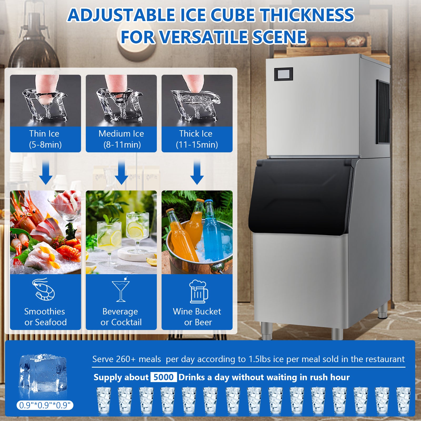 Garvee 350LBS/24H Commercial Ice Maker Freestanding Ice Machine 310lbs Storage for Coffee Shop Business Restaurant 14X15 Ice Cube