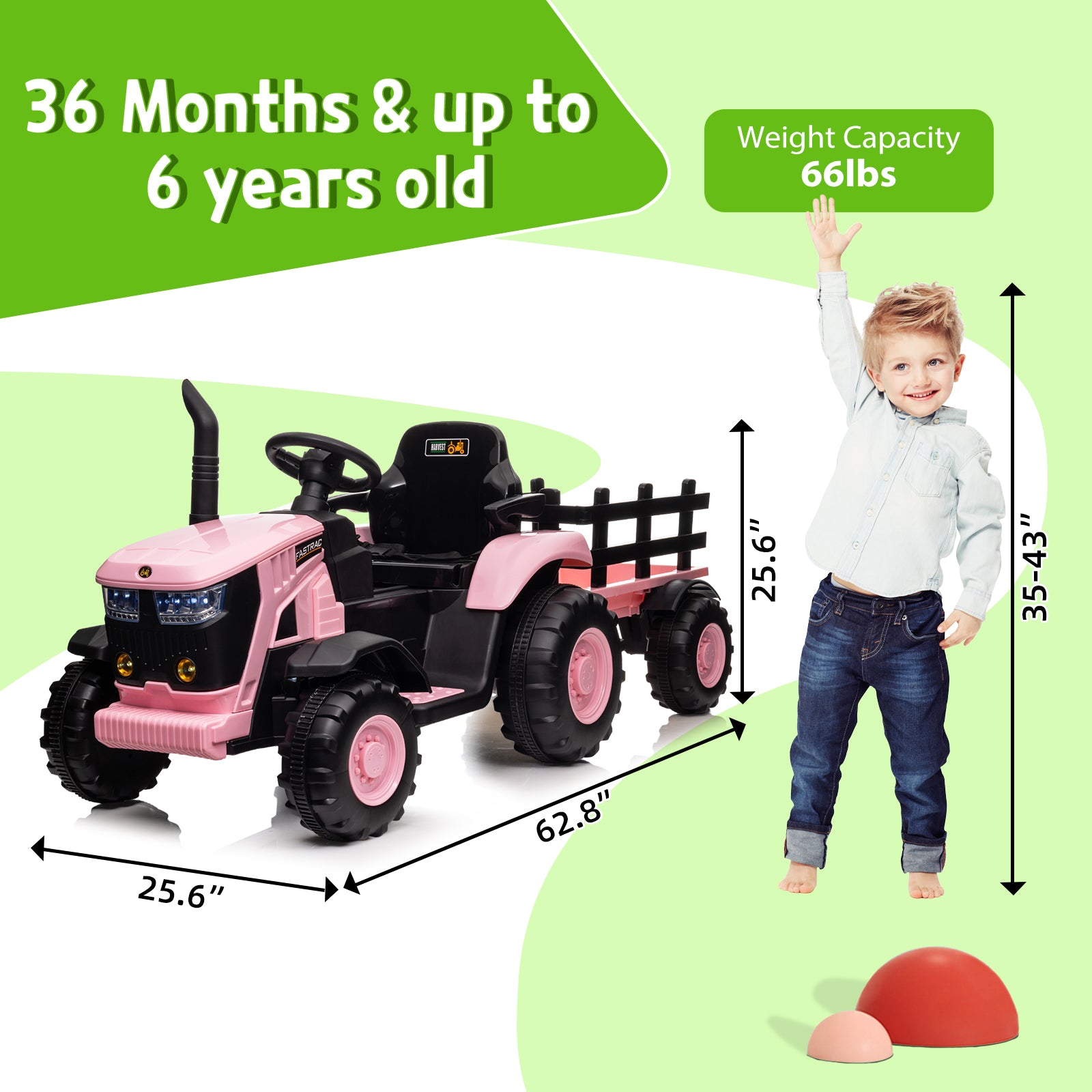 Garvee Ride - P Series: 12V Remote Control Tractor for Kids with 7-LED & Safety Belt - Pink