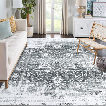 Garvee Area Rug 5x7 Vintag Rug Machine Washable Area Rug Non Slip Non Shedding Distressed Throw Rug Low Pile Indoor Carpet Foldable Accent Rug for Bedroom Living Room, Grey