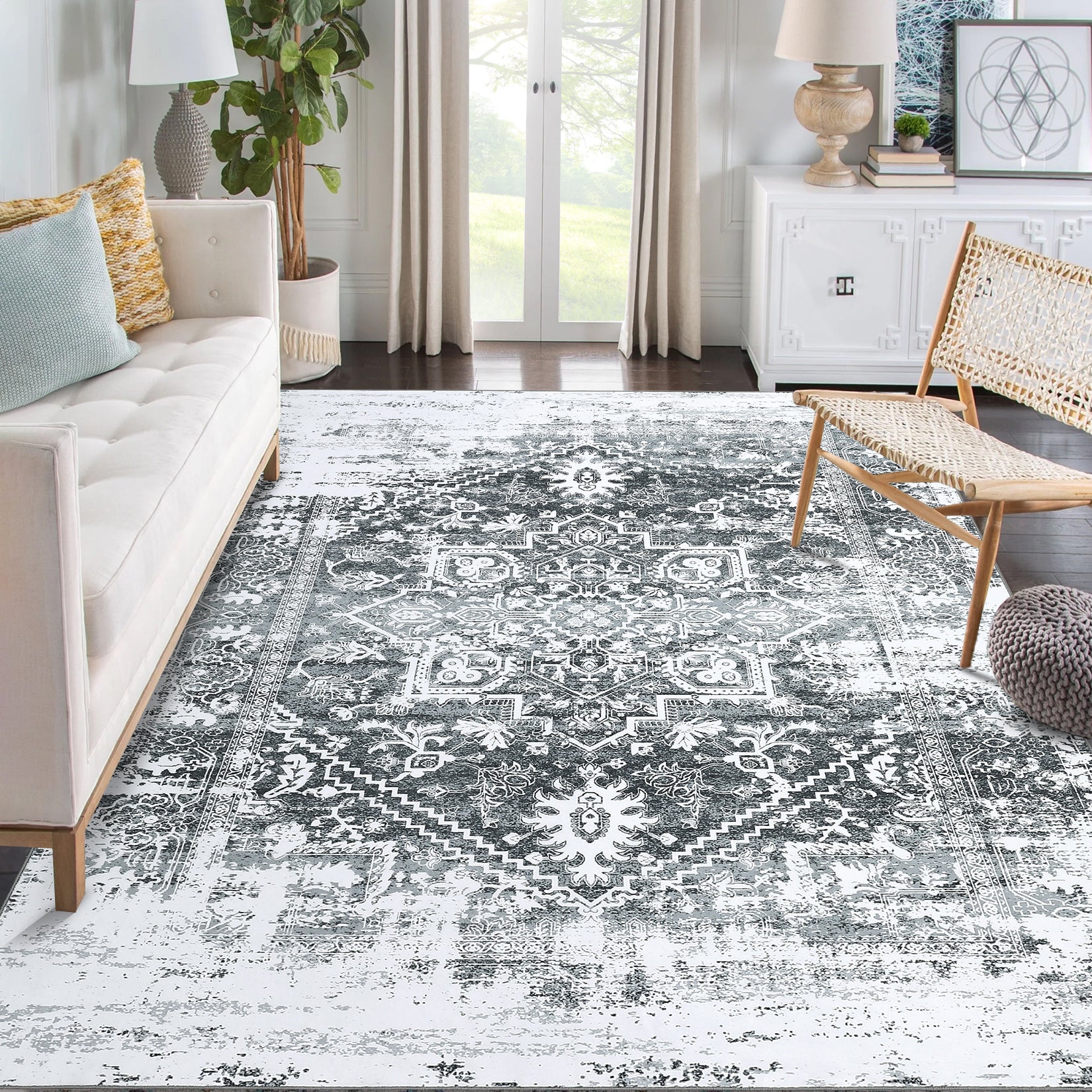 Garvee Area Rug 5x7 Vintag Rug Machine Washable Area Rug Non Slip Non Shedding Distressed Throw Rug Low Pile Indoor Carpet Foldable Accent Rug for Bedroom Living Room, Grey