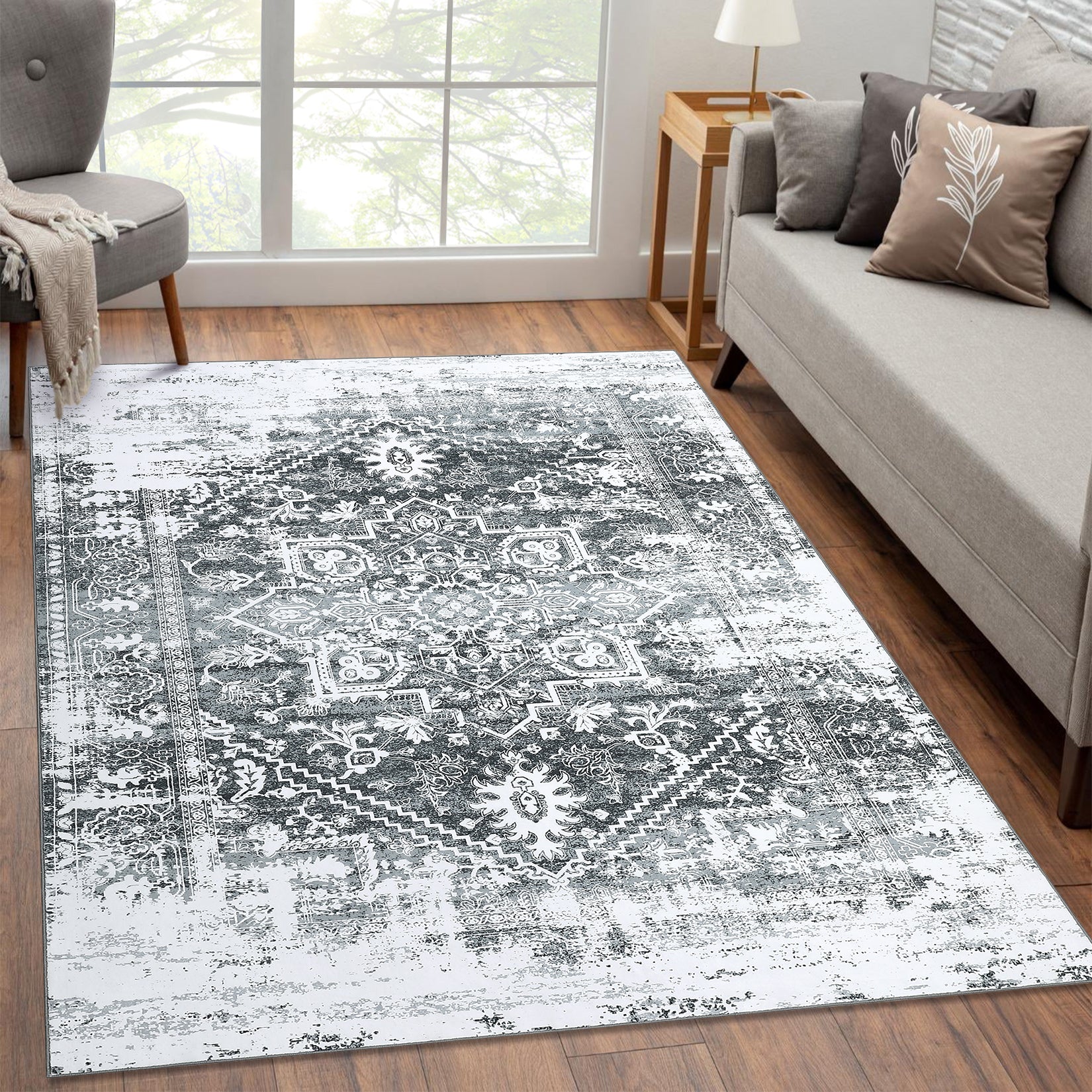 Garvee Area Rug 5x7 Vintag Rug Machine Washable Area Rug Non Slip Non Shedding Distressed Throw Rug Low Pile Indoor Carpet Foldable Accent Rug for Bedroom Living Room, Grey