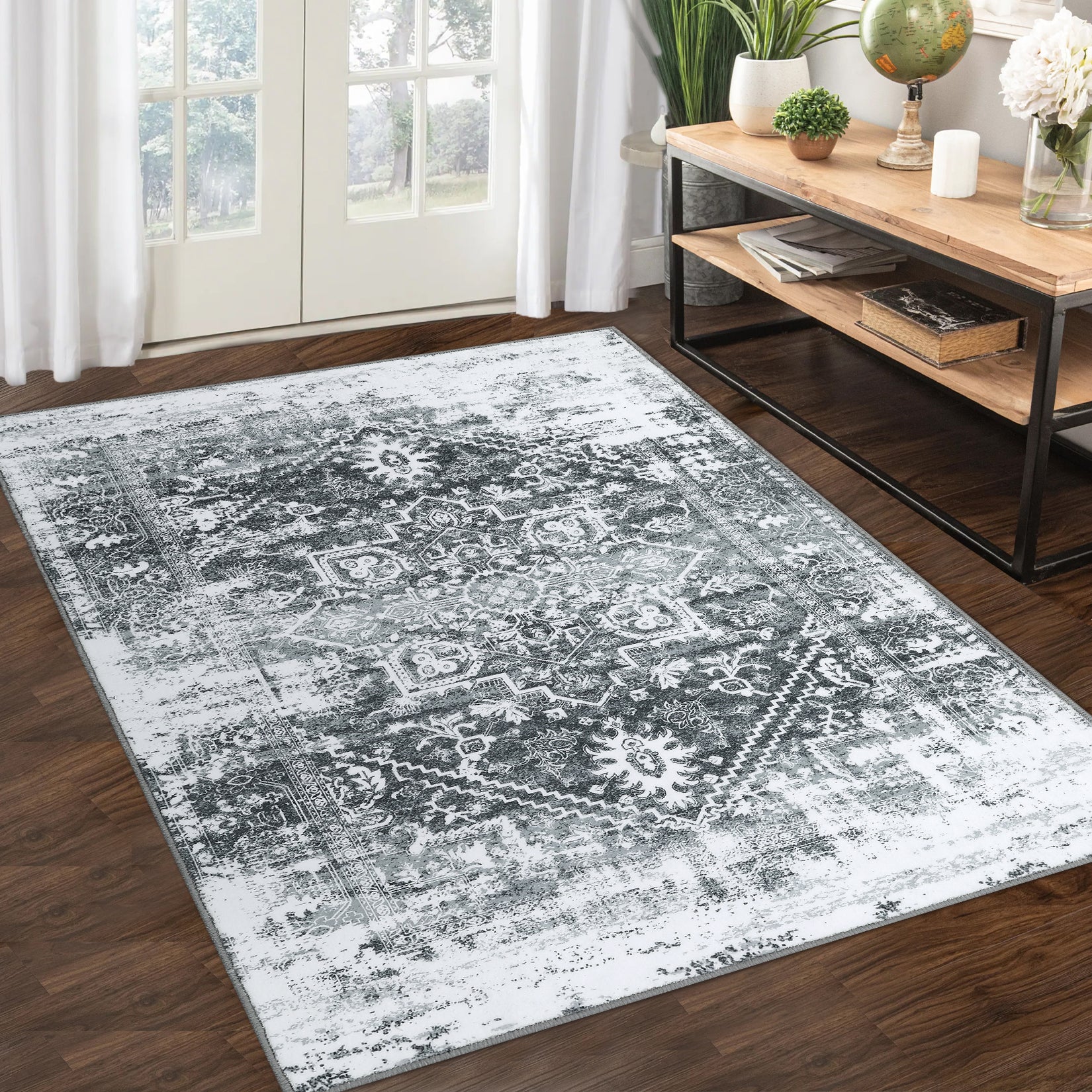 Garvee Area Rug 5x7 Vintag Rug Machine Washable Area Rug Non Slip Non Shedding Distressed Throw Rug Low Pile Indoor Carpet Foldable Accent Rug for Bedroom Living Room, Grey