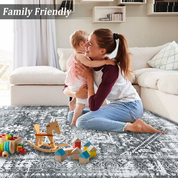 Garvee Area Rug 5x7 Vintag Rug Machine Washable Area Rug Non Slip Non Shedding Distressed Throw Rug Low Pile Indoor Carpet Foldable Accent Rug for Bedroom Living Room, Grey