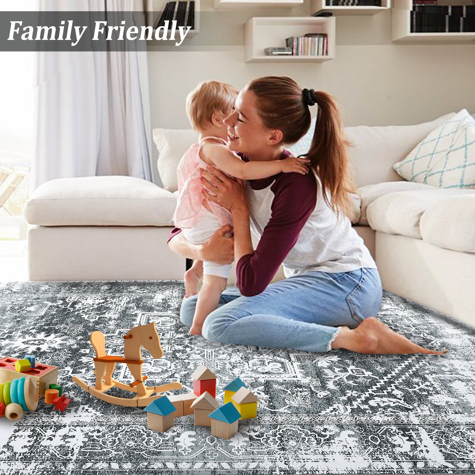 Garvee Area Rug 5x7 Vintag Rug Machine Washable Area Rug Non Slip Non Shedding Distressed Throw Rug Low Pile Indoor Carpet Foldable Accent Rug for Bedroom Living Room, Grey