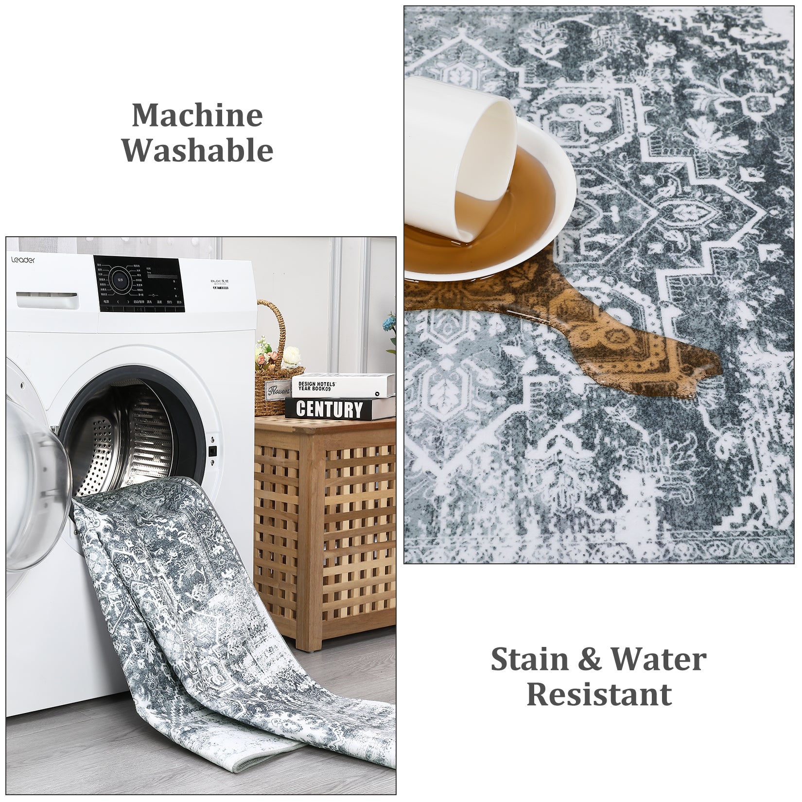Garvee Area Rug 5x7 Vintag Rug Machine Washable Area Rug Non Slip Non Shedding Distressed Throw Rug Low Pile Indoor Carpet Foldable Accent Rug for Bedroom Living Room, Grey