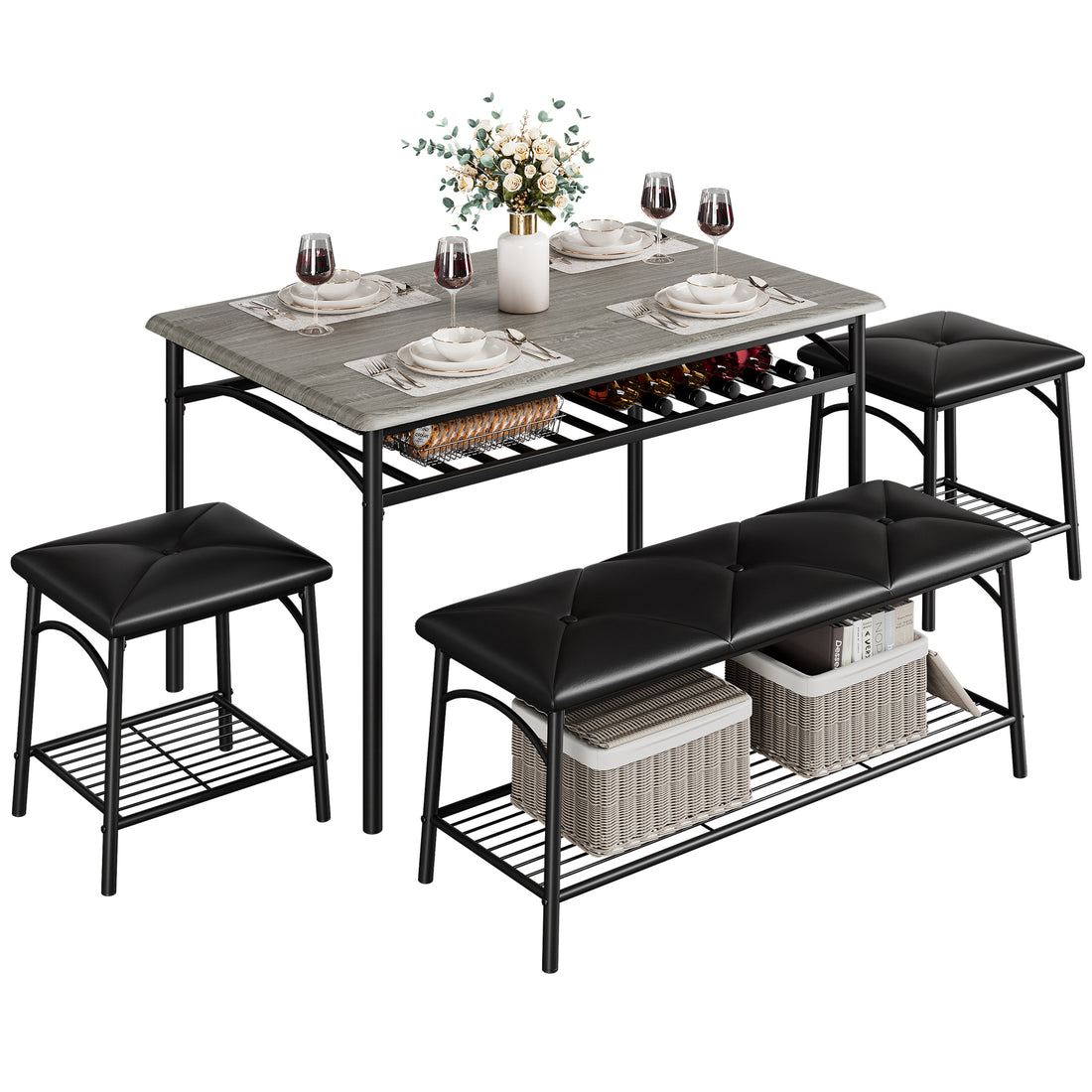 Garvee Kitchen Dining Room Table Set with Upholstered Bench and Square Stools, Metal and Wood Dining Table Set for 4 with Storage for Small Space, Grey