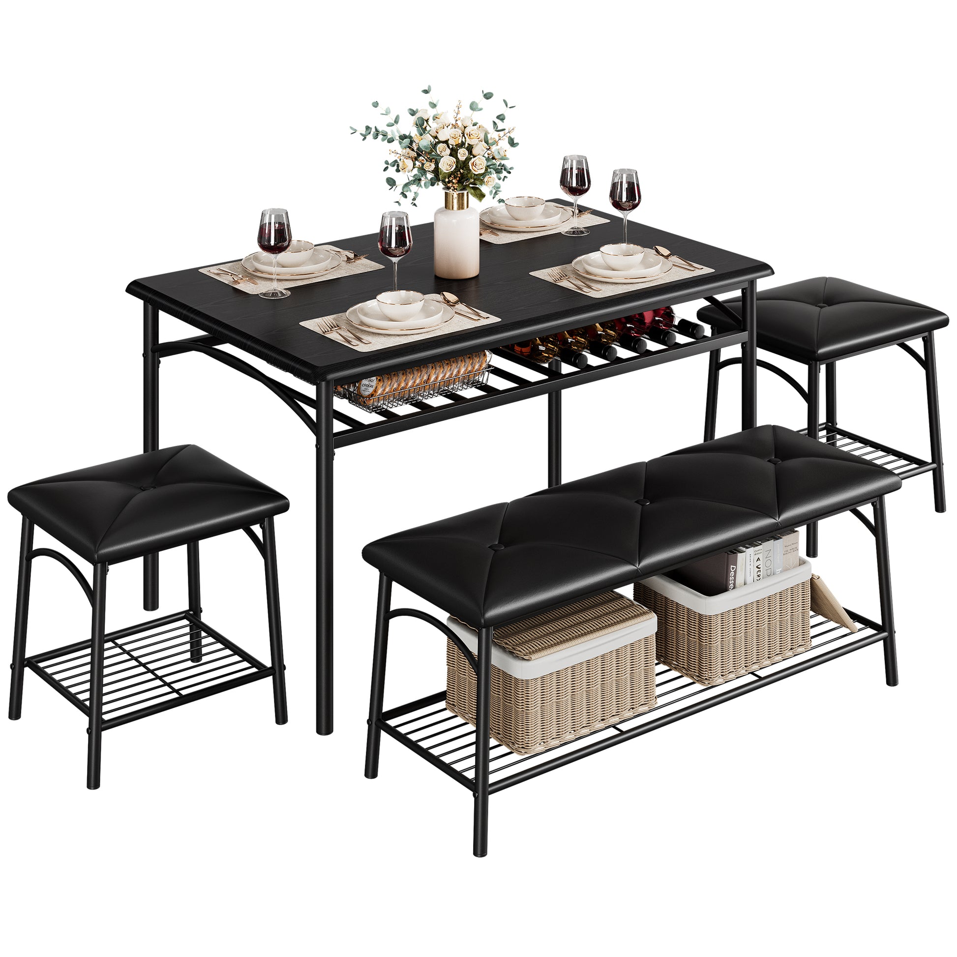 Garvee Kitchen Dining Room Table Set with Upholstered Bench and Square Stools, Metal and Wood Dining Table Set for 4 with Storage for Small Space, Black