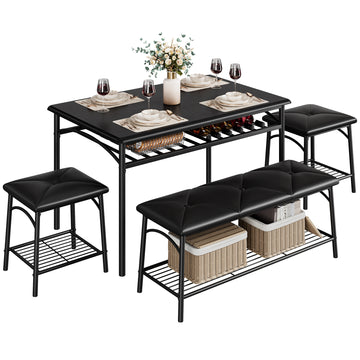 Garvee Kitchen Dining Room Table Set with Upholstered Bench and Square Stools, Metal and Wood Dining Table Set for 4 with Storage for Small Space, Black