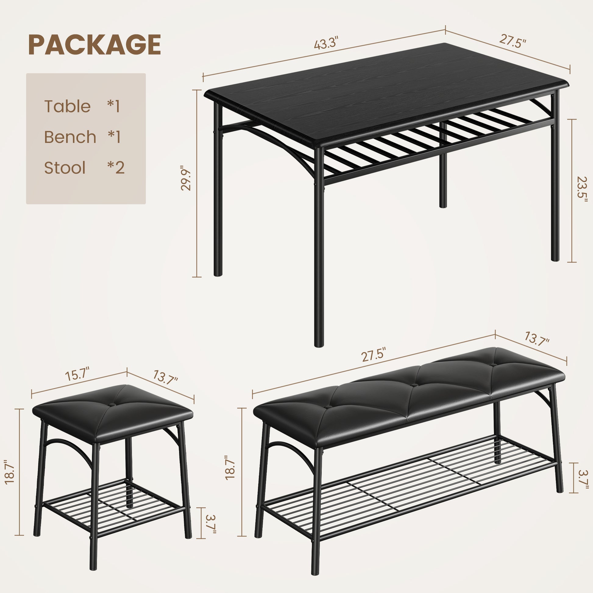 Garvee Kitchen Dining Room Table Set with Upholstered Bench and Square Stools, Metal and Wood Dining Table Set for 4 with Storage for Small Space, Black
