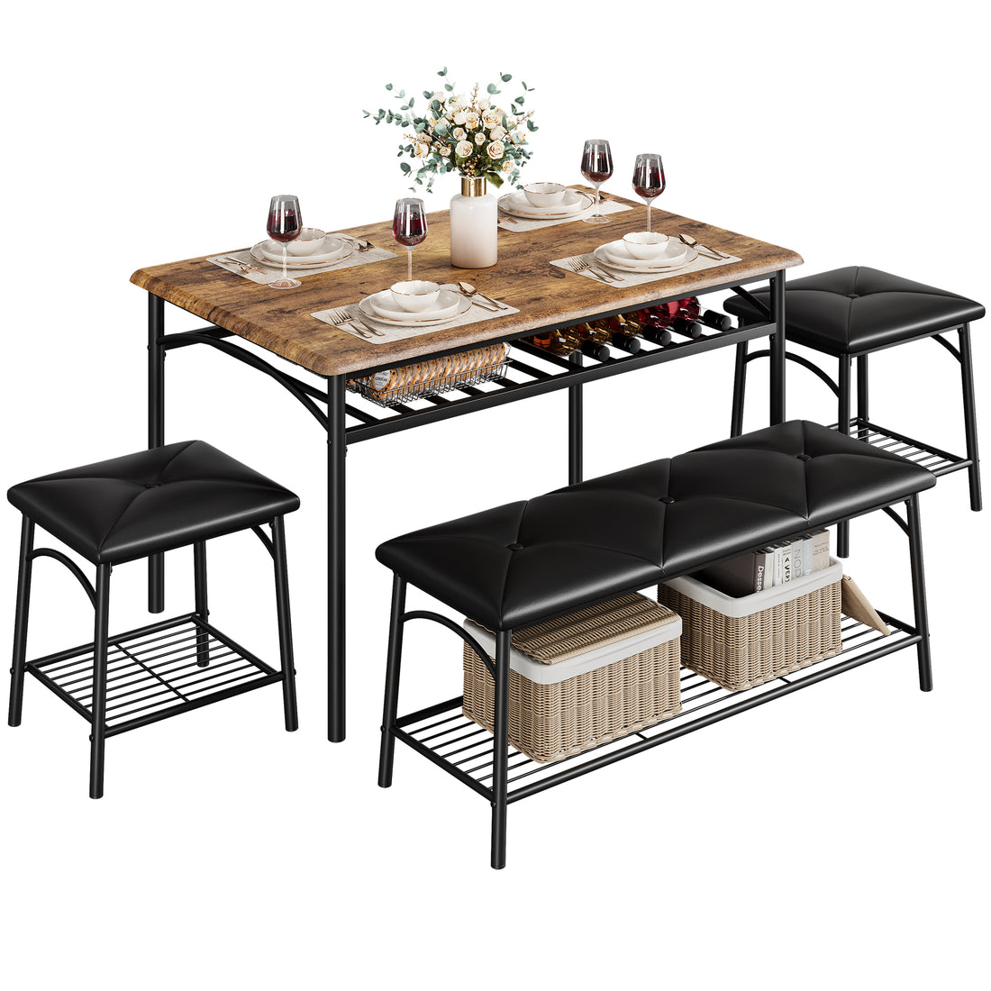 Garvee Kitchen Dining Room Table Set with Upholstered Bench and Square Stools, Metal and Wood Dining Table Set for 4 with Storage for Small Space, Brown
