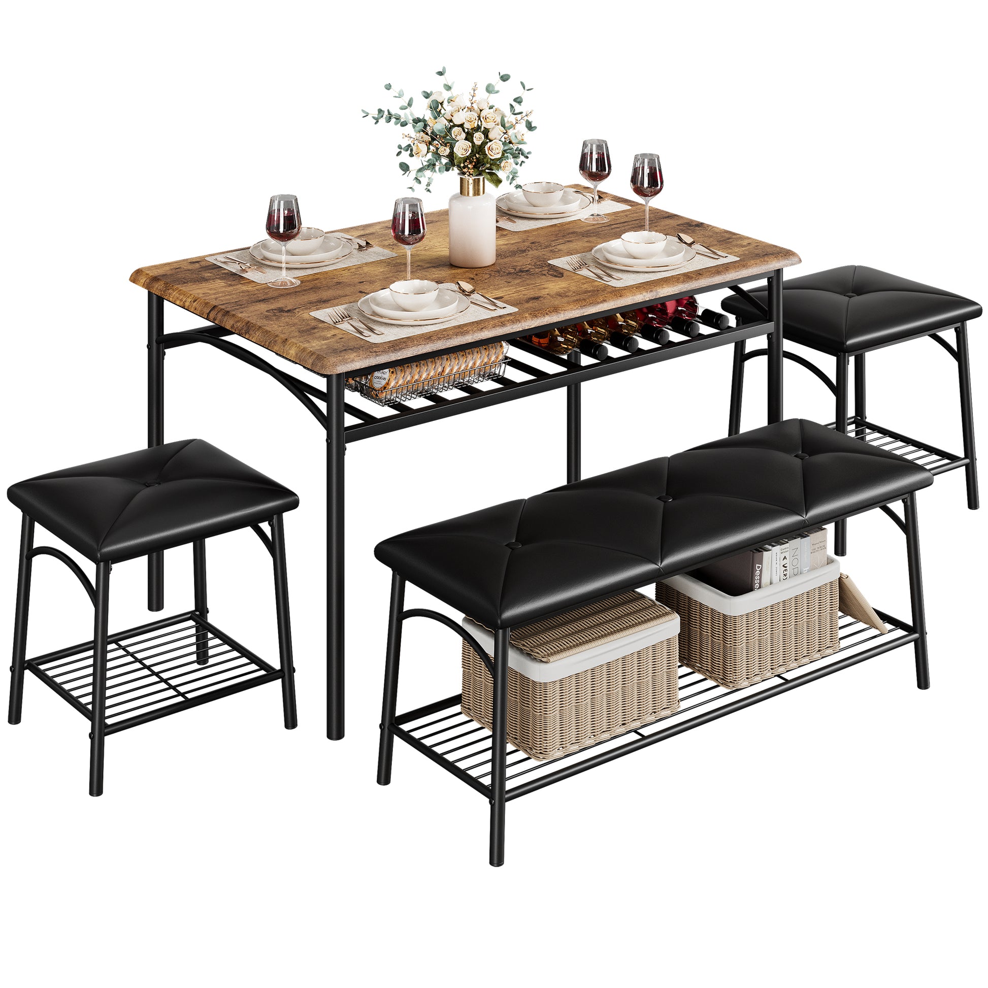 Garvee Kitchen Dining Room Table Set with Upholstered Bench and Square Stools, Metal and Wood Dining Table Set for 4 with Storage for Small Space, Brown