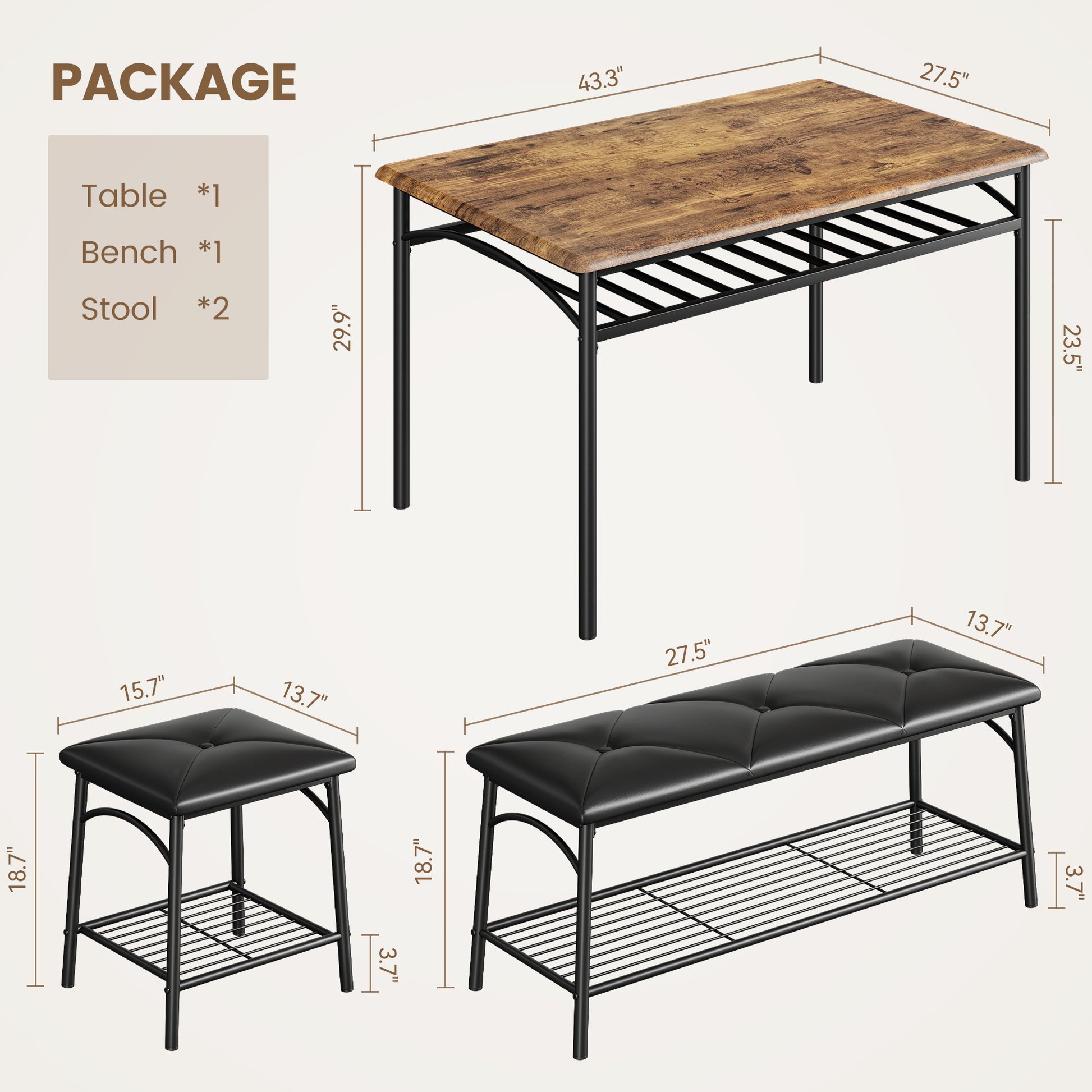 Garvee Kitchen Dining Room Table Set with Upholstered Bench and Square Stools, Metal and Wood Dining Table Set for 4 with Storage for Small Space, Brown