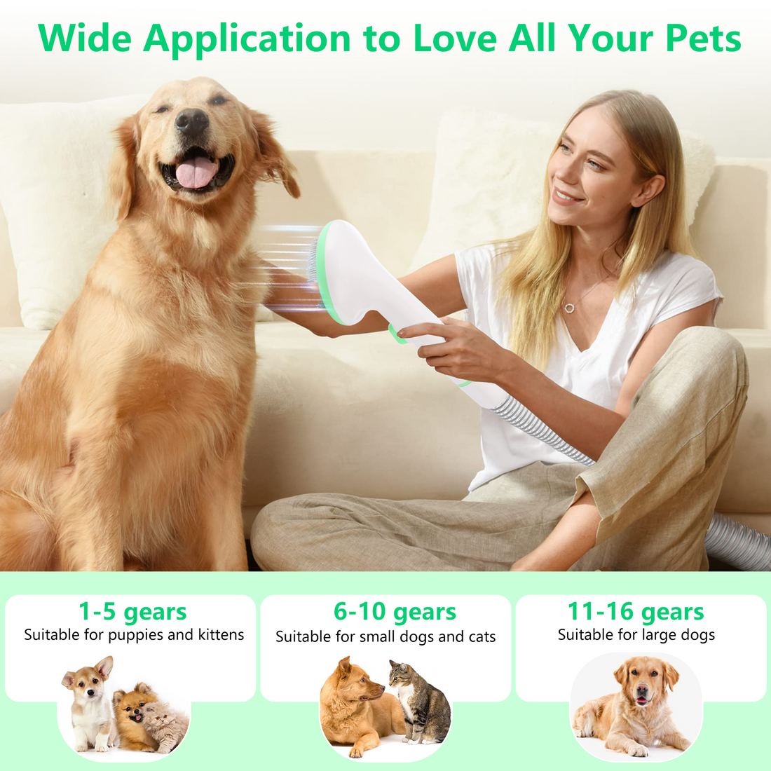 Garvee Pet Grooming Vacuum Kit, 16-Level Suction, 2L Dustbin, Low Noise Dog Hair Remover with 4 Combs, Green