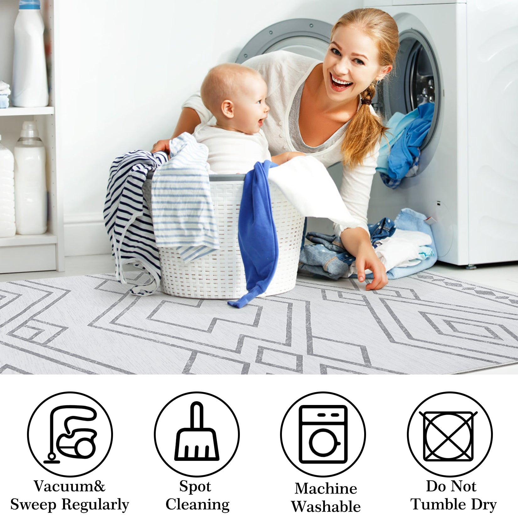 Garvee Modern Geometric Washable Rug Soft Thin Non Slip Indoor Carpet Blue 4x6 - Grey