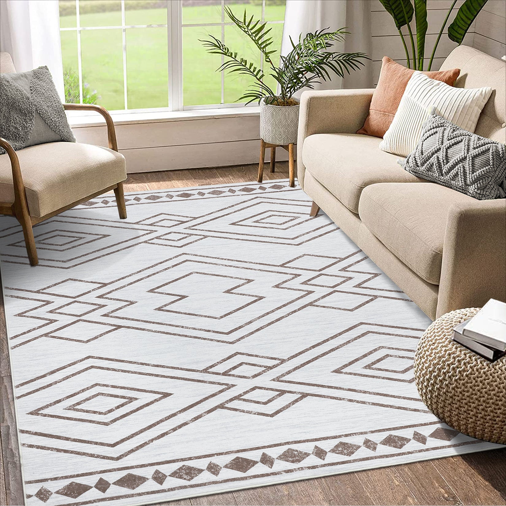 Garvee Washable Rug 9x12 Modern Geometric Area Rug Non Slip Large Area Rug Low Pile Farmhouse Rug Non Shedding Distressed Throw Rugs Floor Carpet for Living Room Bedrooms, Taupe