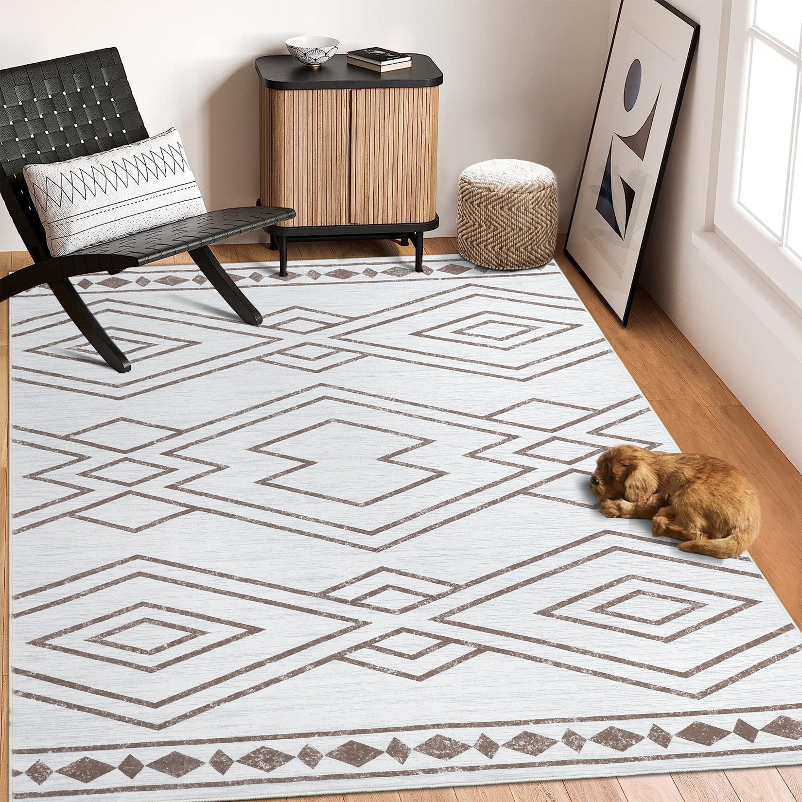 Garvee Washable Rug 9x12 Modern Geometric Area Rug Non Slip Large Area Rug Low Pile Farmhouse Rug Non Shedding Distressed Throw Rugs Floor Carpet for Living Room Bedrooms, Taupe