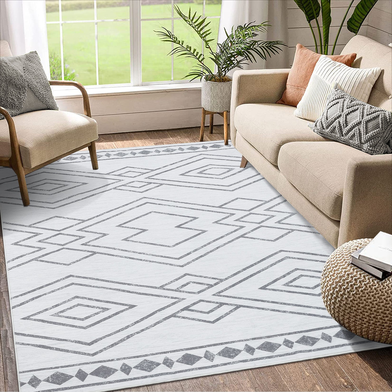 Garvee Modern Geometric Washable Rug Soft Thin Non Slip Indoor Carpet Blue 4x6 - Grey