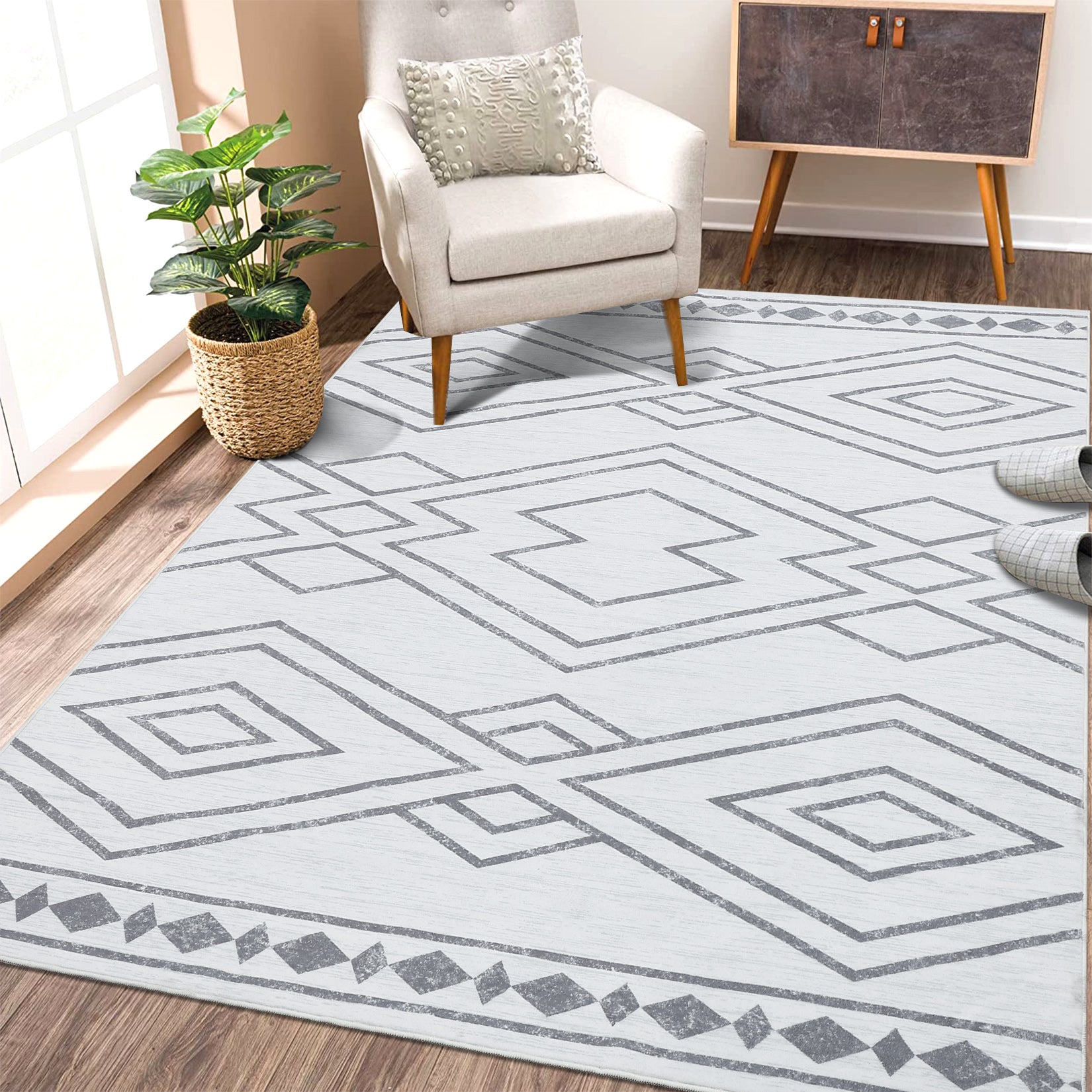 Garvee Modern Geometric Washable Rug Soft Thin Non Slip Indoor Carpet Blue 4x6 - Grey