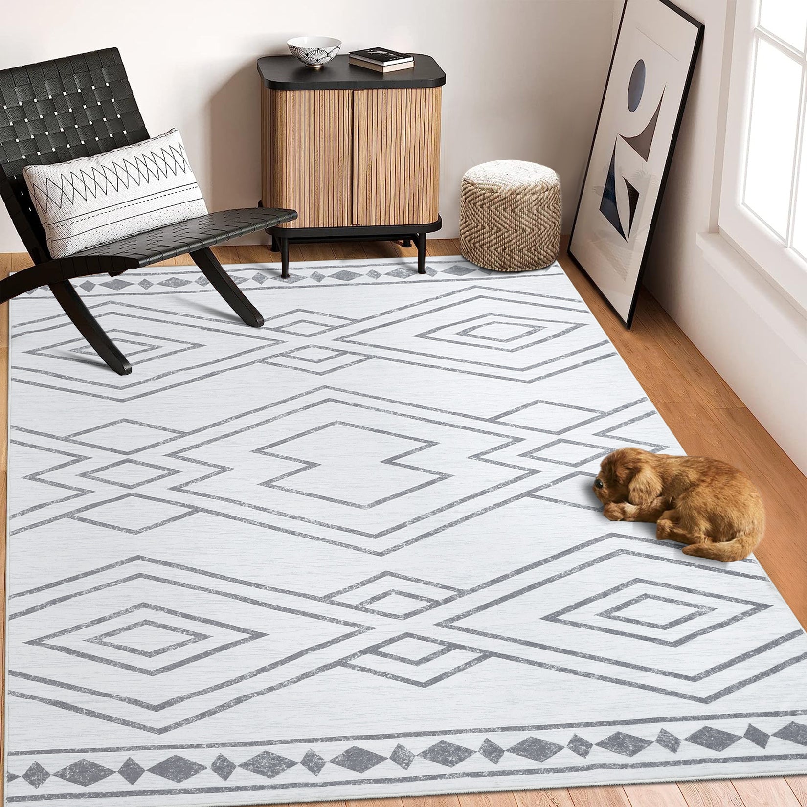 Garvee Modern Geometric Washable Rug Soft Thin Non Slip Indoor Carpet Blue 4x6 - Grey
