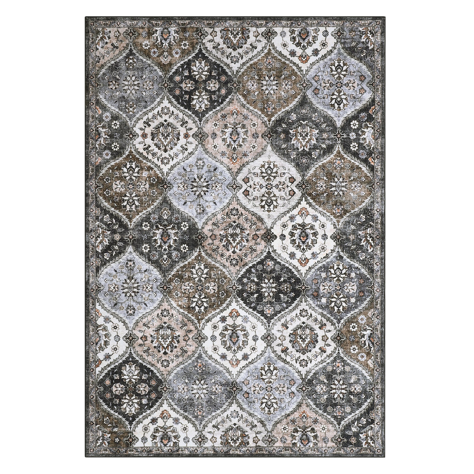 Garvee Trellis Area Rug 4x6 Washable Non-Slip Faux Wool, Soft Floral Pattern, Pet-Friendly, Indoor Bedroom, Grey/Brown