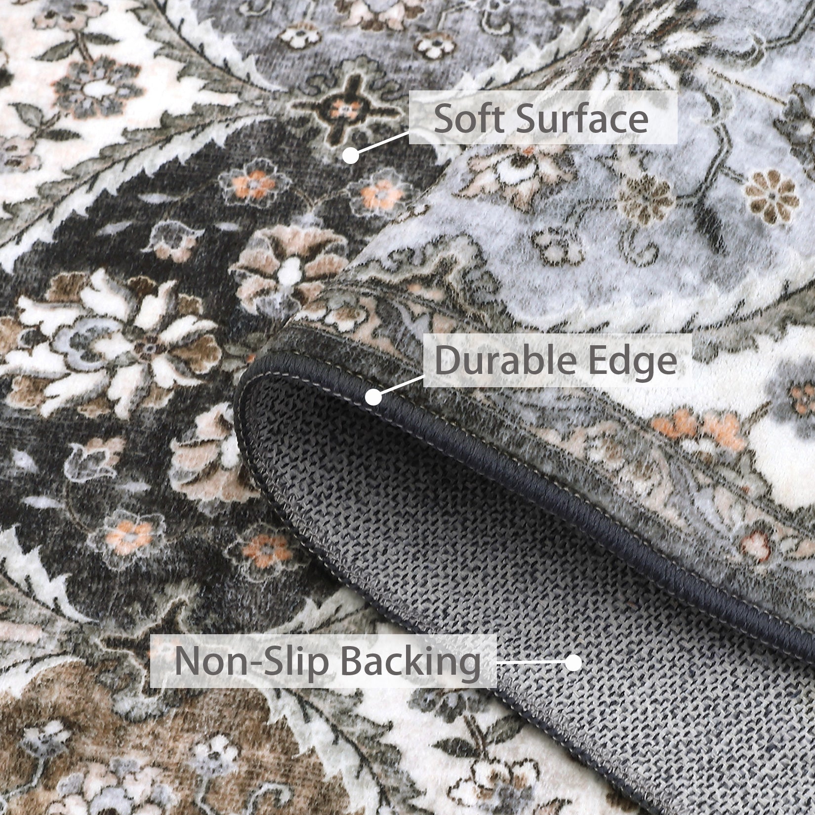 Garvee Trellis Area Rug 4x6 Washable Non-Slip Faux Wool, Soft Floral Pattern, Pet-Friendly, Indoor Bedroom, Grey/Brown