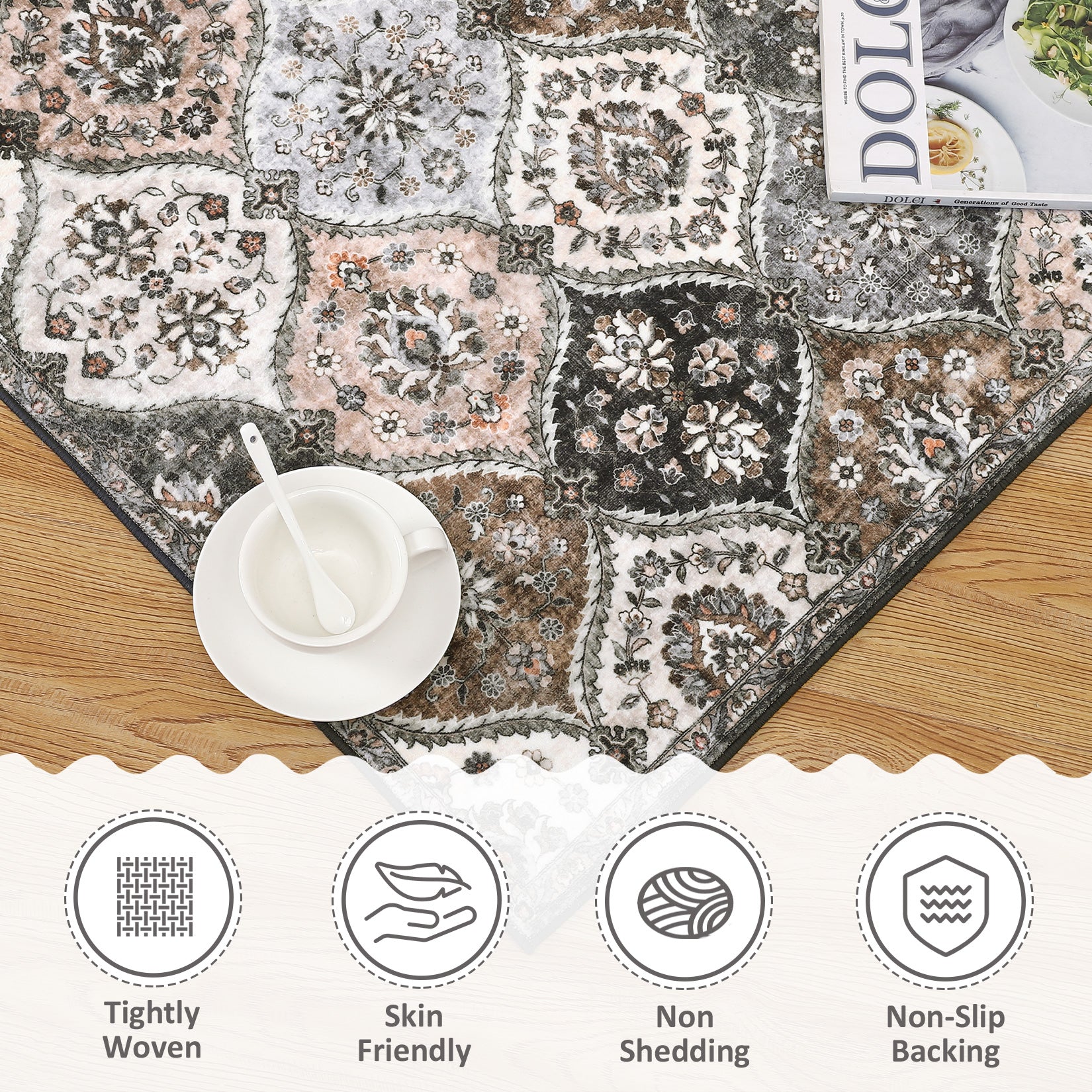 Garvee Trellis Area Rug 4x6 Washable Non-Slip Faux Wool, Soft Floral Pattern, Pet-Friendly, Indoor Bedroom, Grey/Brown