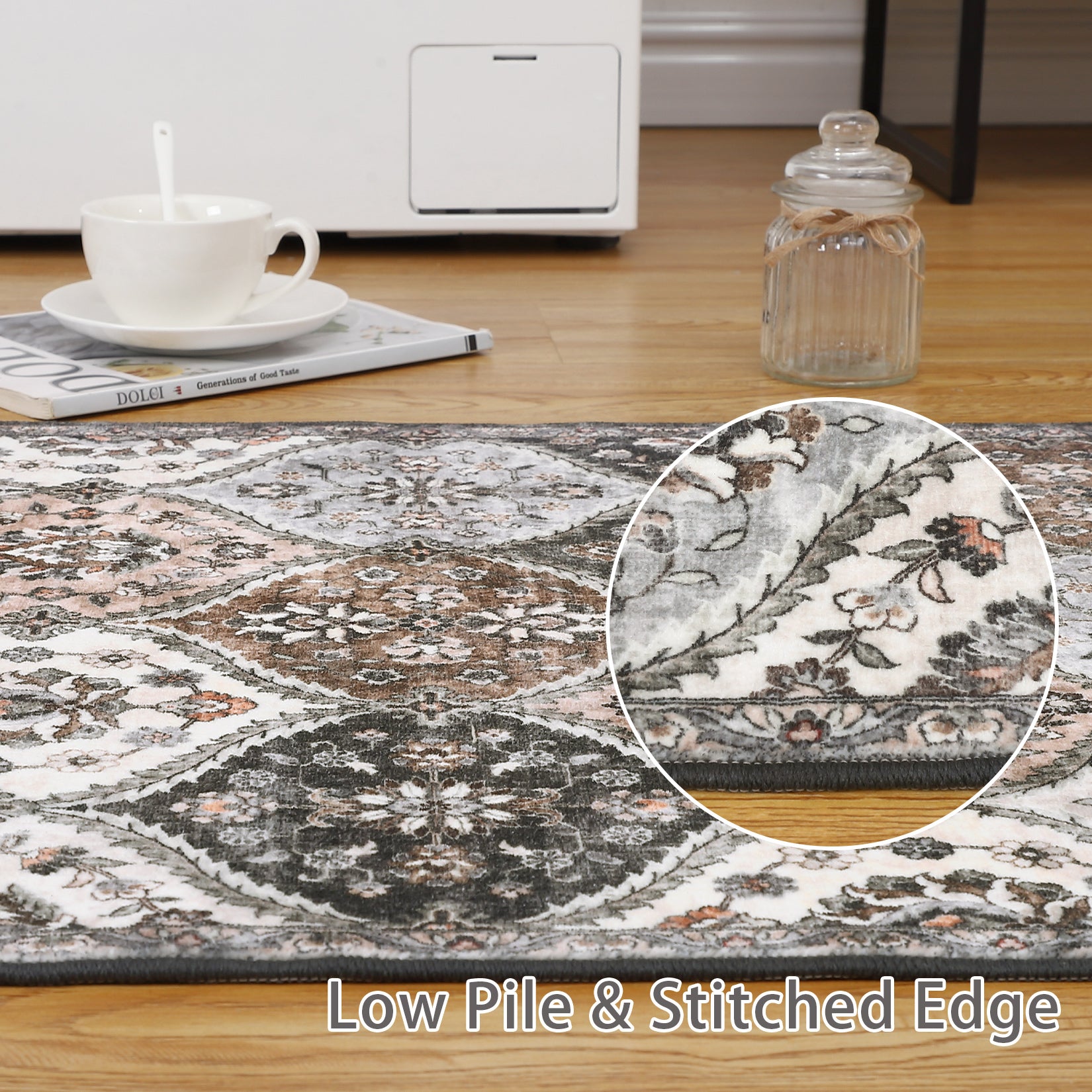 Garvee Trellis Area Rug 4x6 Washable Non-Slip Faux Wool, Soft Floral Pattern, Pet-Friendly, Indoor Bedroom, Grey/Brown