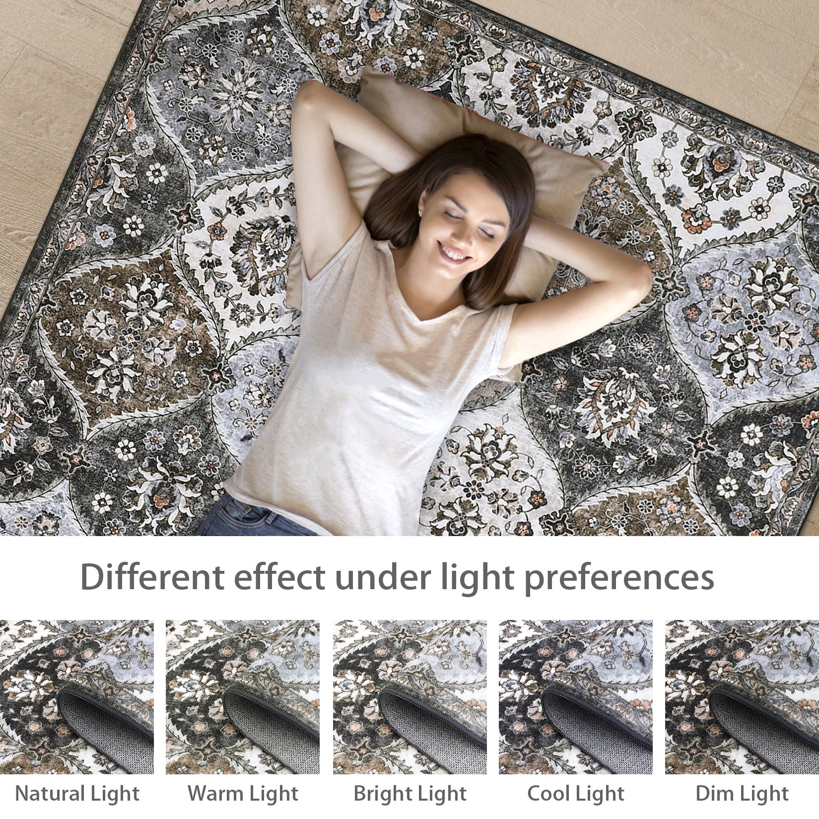 Garvee Trellis Area Rug 4x6 Washable Non-Slip Faux Wool, Soft Floral Pattern, Pet-Friendly, Indoor Bedroom, Grey/Brown