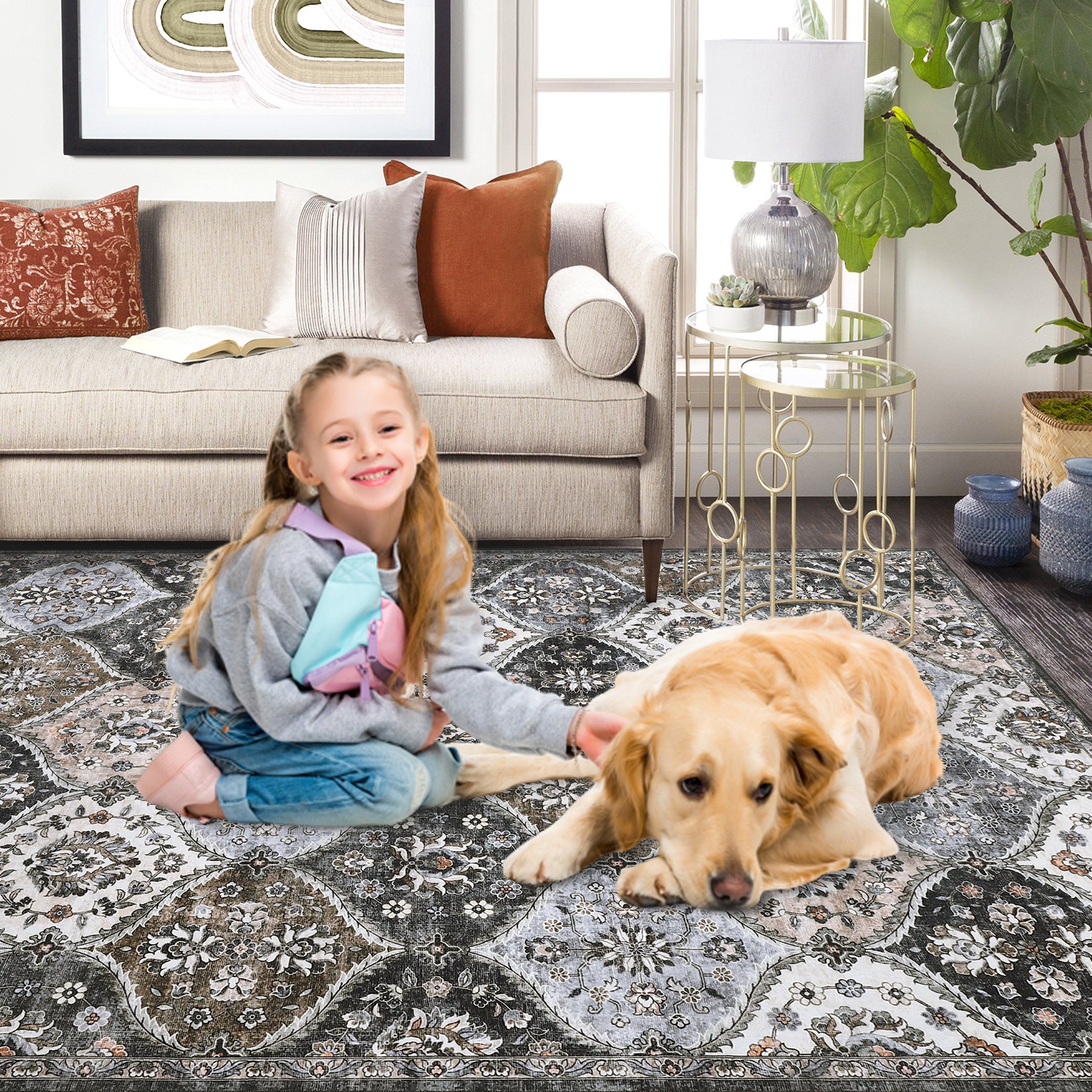 Garvee Trellis Area Rug 4x6 Washable Non-Slip Faux Wool, Soft Floral Pattern, Pet-Friendly, Indoor Bedroom, Grey/Brown