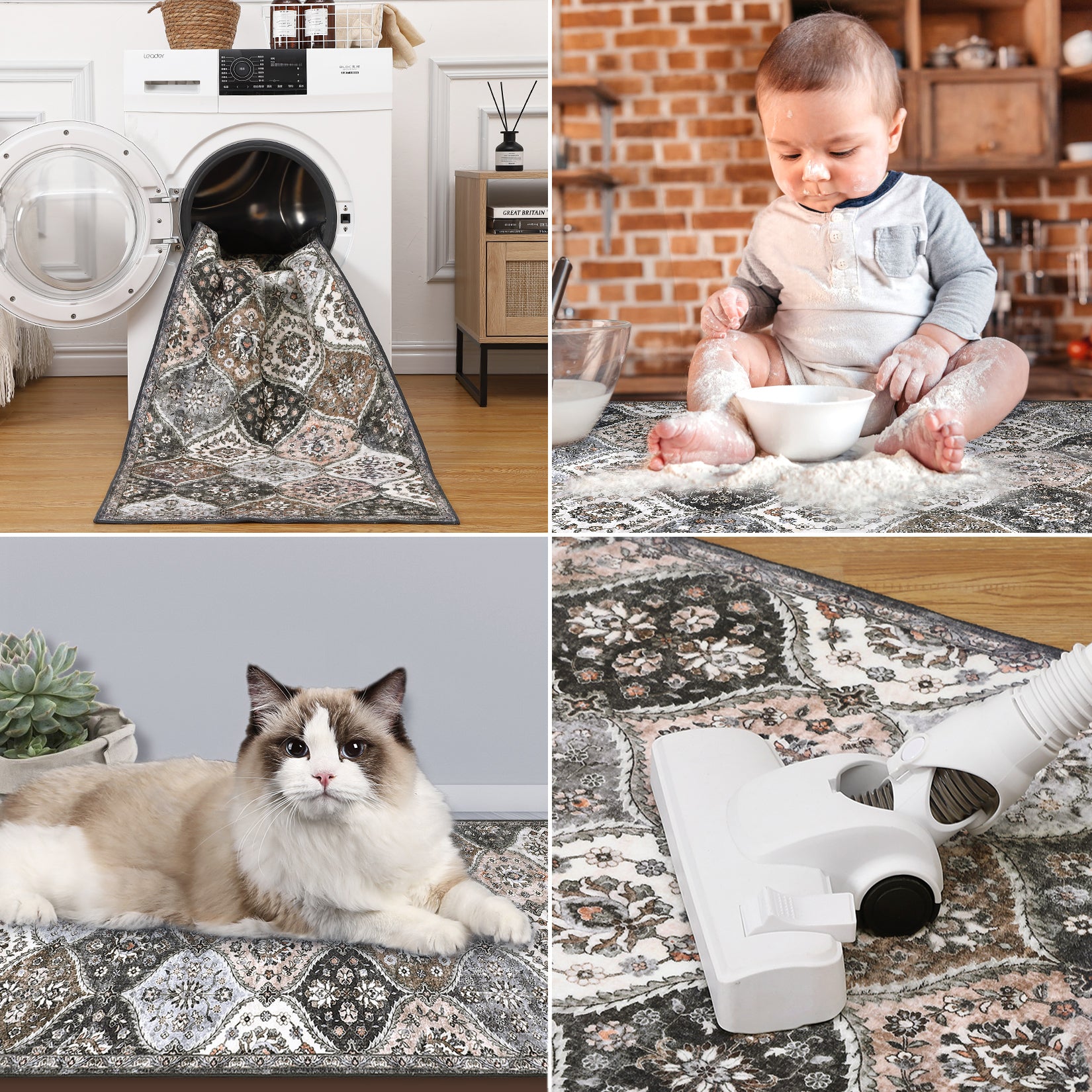 Garvee Trellis Area Rug 4x6 Washable Non-Slip Faux Wool, Soft Floral Pattern, Pet-Friendly, Indoor Bedroom, Grey/Brown