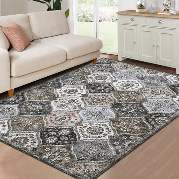 Garvee Trellis Area Rug 4x6 Washable Non-Slip Faux Wool, Soft Floral Pattern, Pet-Friendly, Indoor Bedroom, Grey/Brown