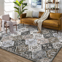 Garvee Trellis Area Rug 4x6 Washable Non-Slip Faux Wool, Soft Floral Pattern, Pet-Friendly, Indoor Bedroom, Grey/Brown