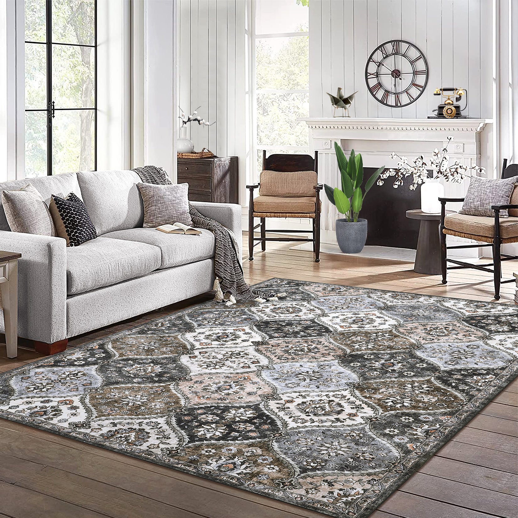 Garvee Trellis Area Rug 4x6 Washable Non-Slip Faux Wool, Soft Floral Pattern, Pet-Friendly, Indoor Bedroom, Grey/Brown