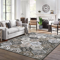 Garvee Trellis Area Rug 4x6 Washable Non-Slip Faux Wool, Soft Floral Pattern, Pet-Friendly, Indoor Bedroom, Grey/Brown