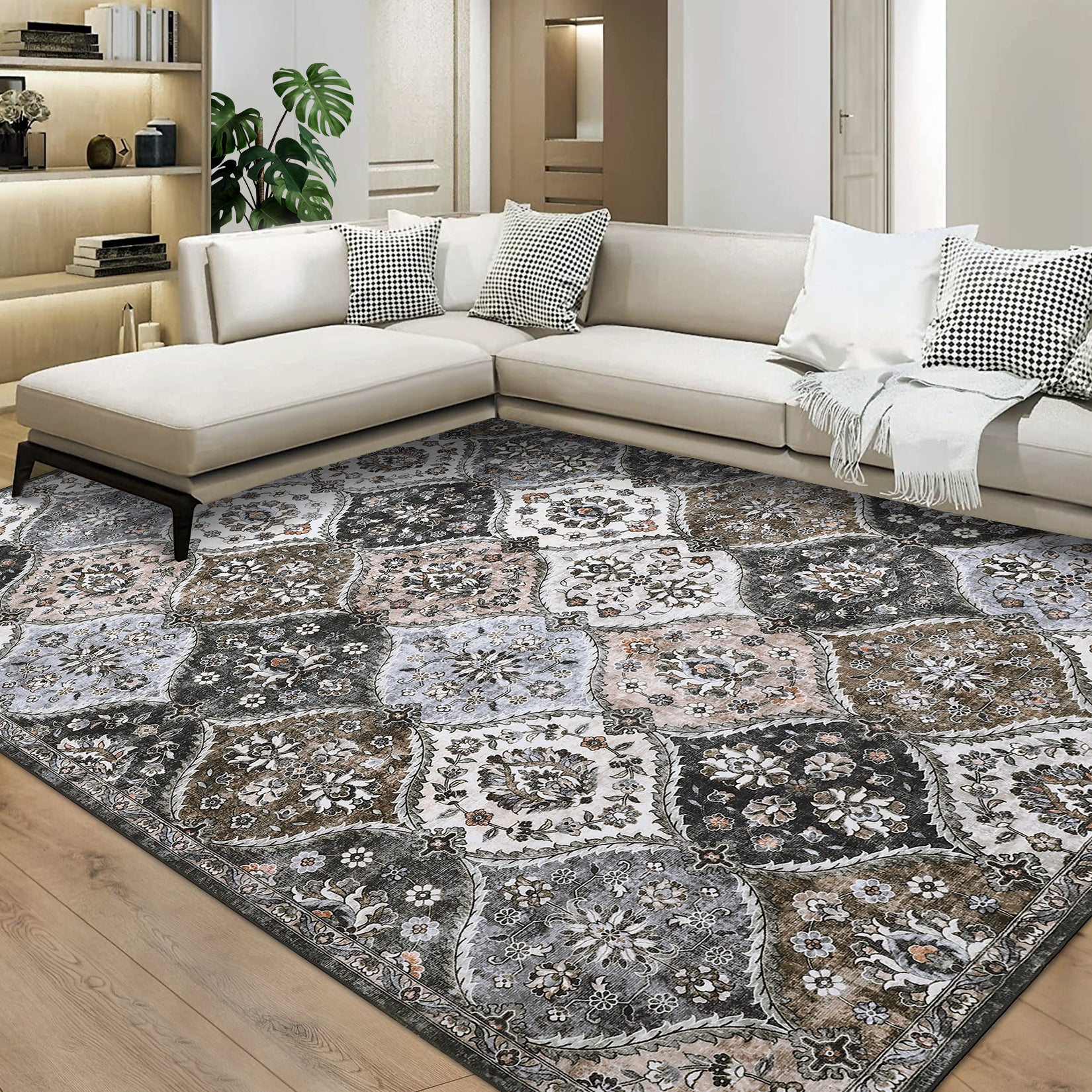 Garvee Trellis Area Rug 4x6 Washable Non-Slip Faux Wool, Soft Floral Pattern, Pet-Friendly, Indoor Bedroom, Grey/Brown