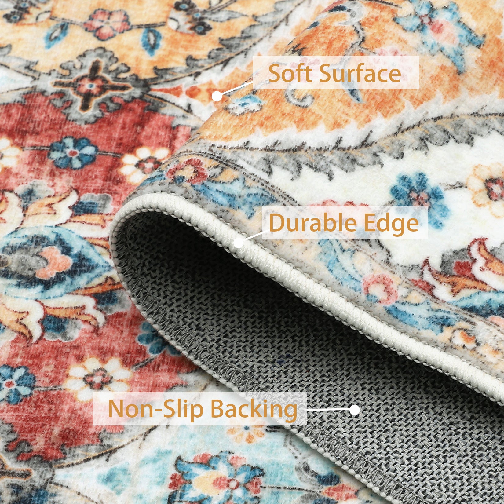 Garvee Floral Orange Washable 2x8 Runner Rug Vintage Floral Non Slip Low Pile Faux Wool Kitchen Bathroom Mat