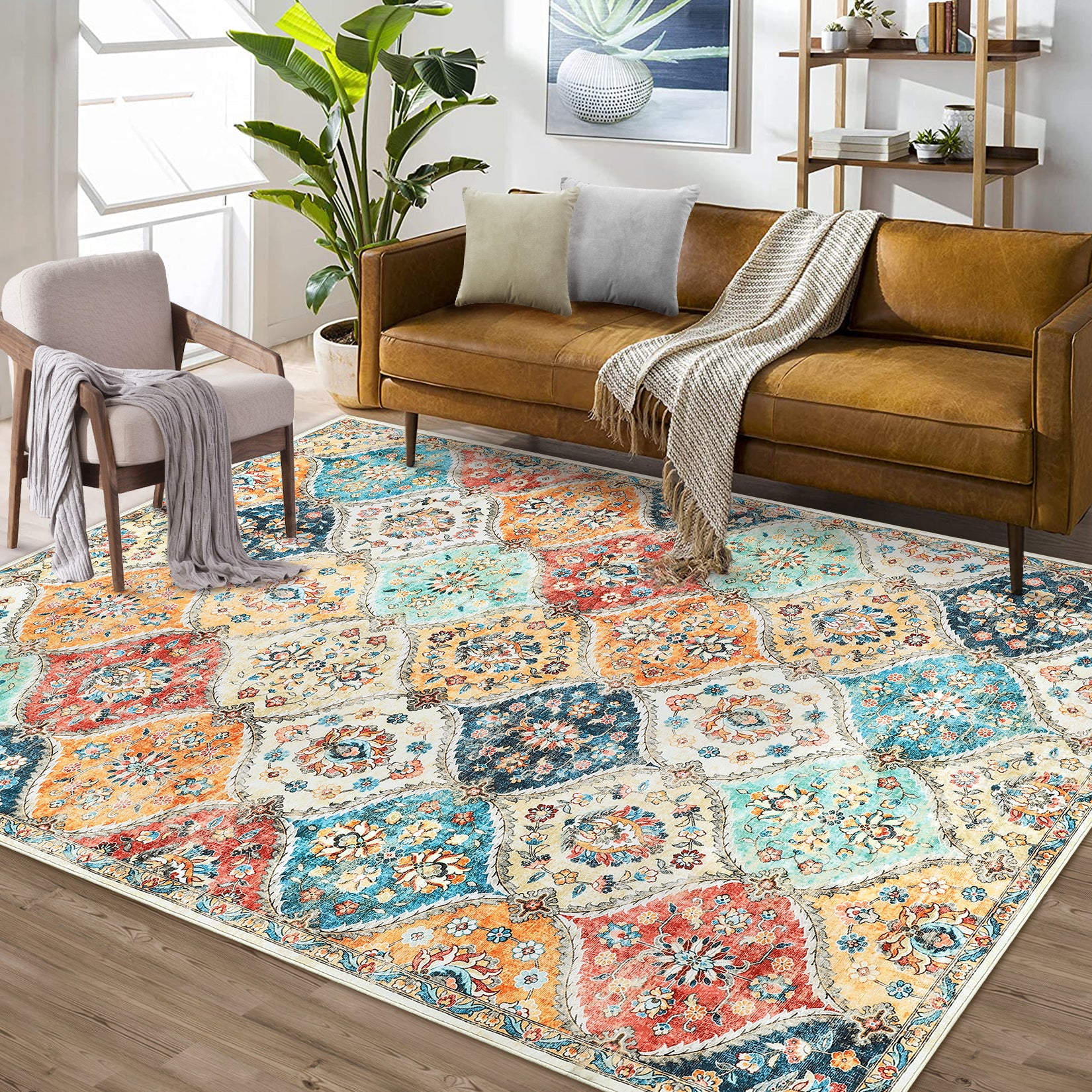Garvee Machine Washable Rug 4x6 | Non-Slip, Ultra-Thin | Faux Wool, Vintage Trellis | Living Room, Bedroom, Dining Room