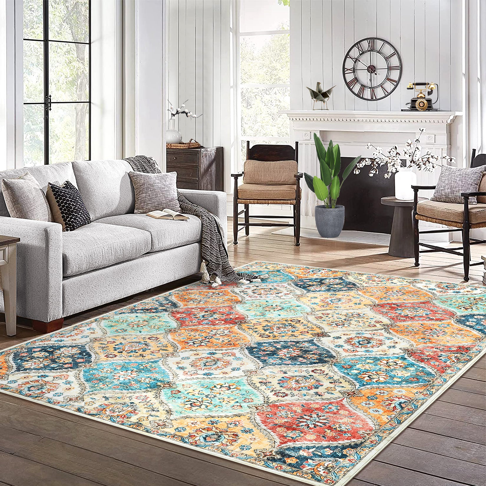 Garvee Machine Washable Rug 4x6 | Non-Slip, Ultra-Thin | Faux Wool, Vintage Trellis | Living Room, Bedroom, Dining Room