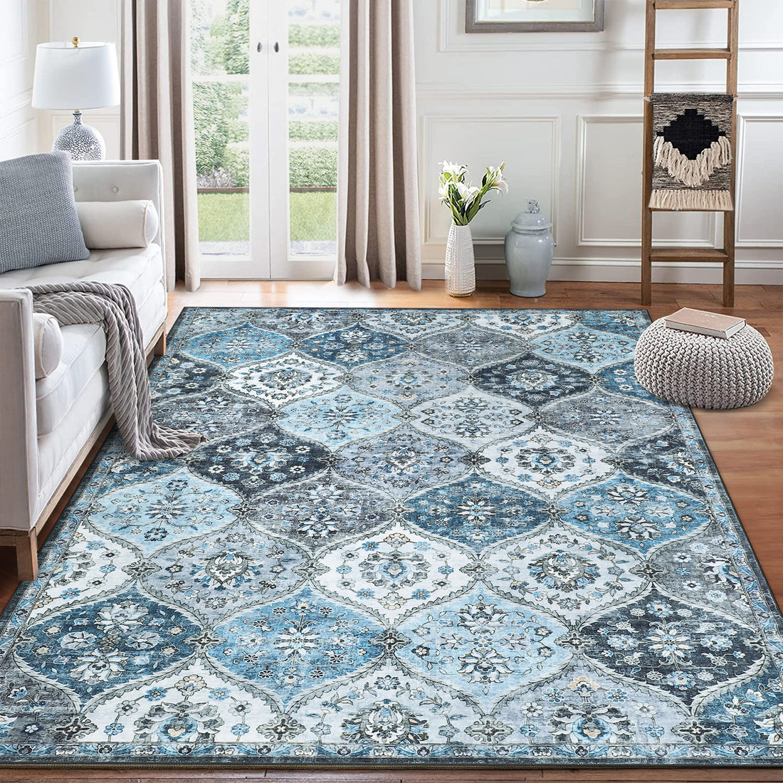 Garvee Washable Moroccan Area Rug Blue 9x12 - Ultra-Soft Faux Wool, Non-Slip TPR Backing, Stain Resistant, Child & Pet Friendly, Vintage Floral Design, Suitable for Living Room, Bedroom, Office, Classroom