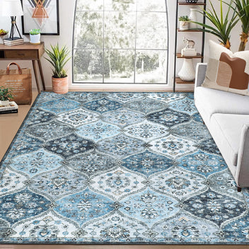 Garvee Washable Moroccan Area Rug Blue 9x12 - Ultra-Soft Faux Wool, Non-Slip TPR Backing, Stain Resistant, Child & Pet Friendly, Vintage Floral Design, Suitable for Living Room, Bedroom, Office, Classroom