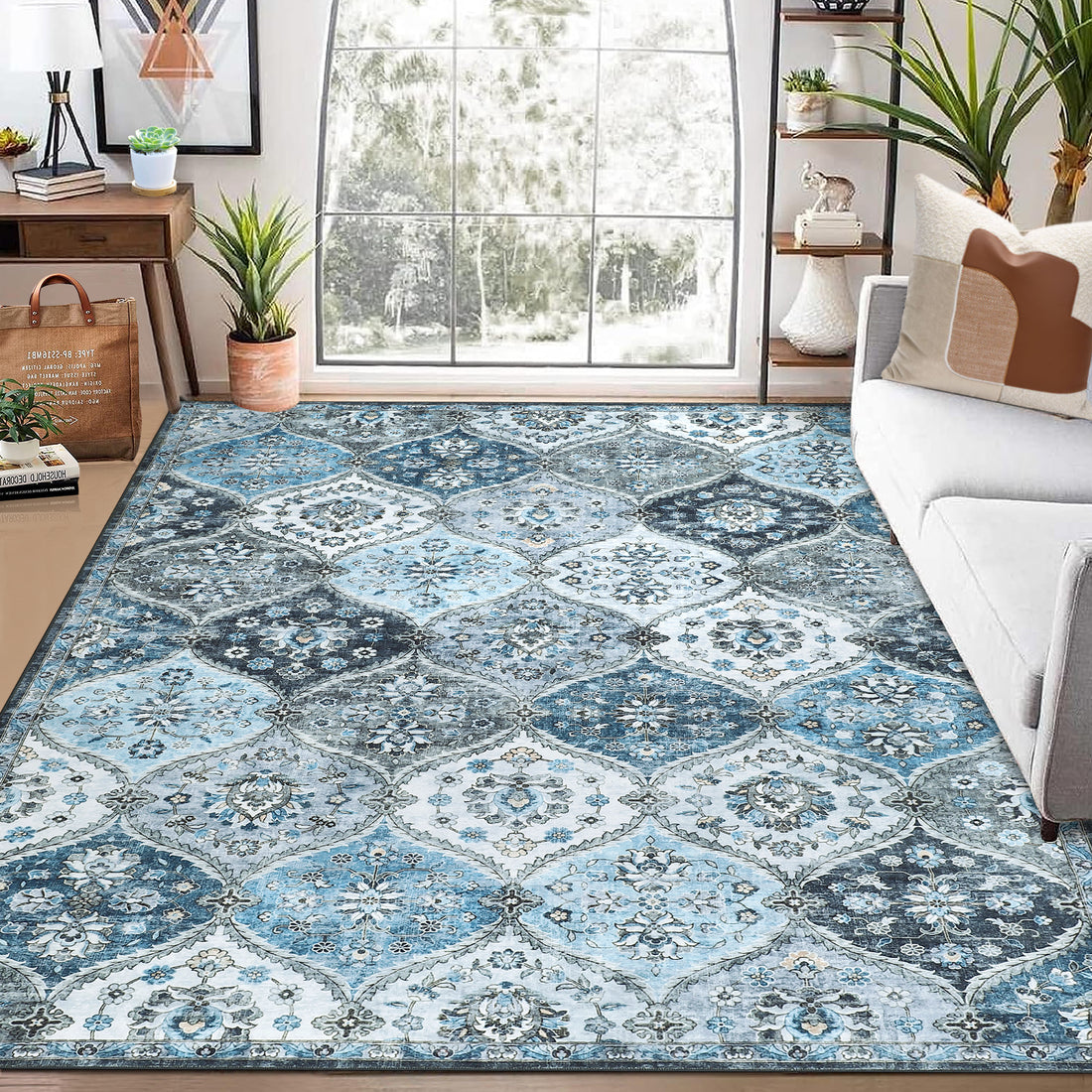 Garvee Washable Moroccan Area Rug Blue 9x12 - Ultra-Soft Faux Wool, Non-Slip TPR Backing, Stain Resistant, Child & Pet Friendly, Vintage Floral Design, Suitable for Living Room, Bedroom, Office, Classroom