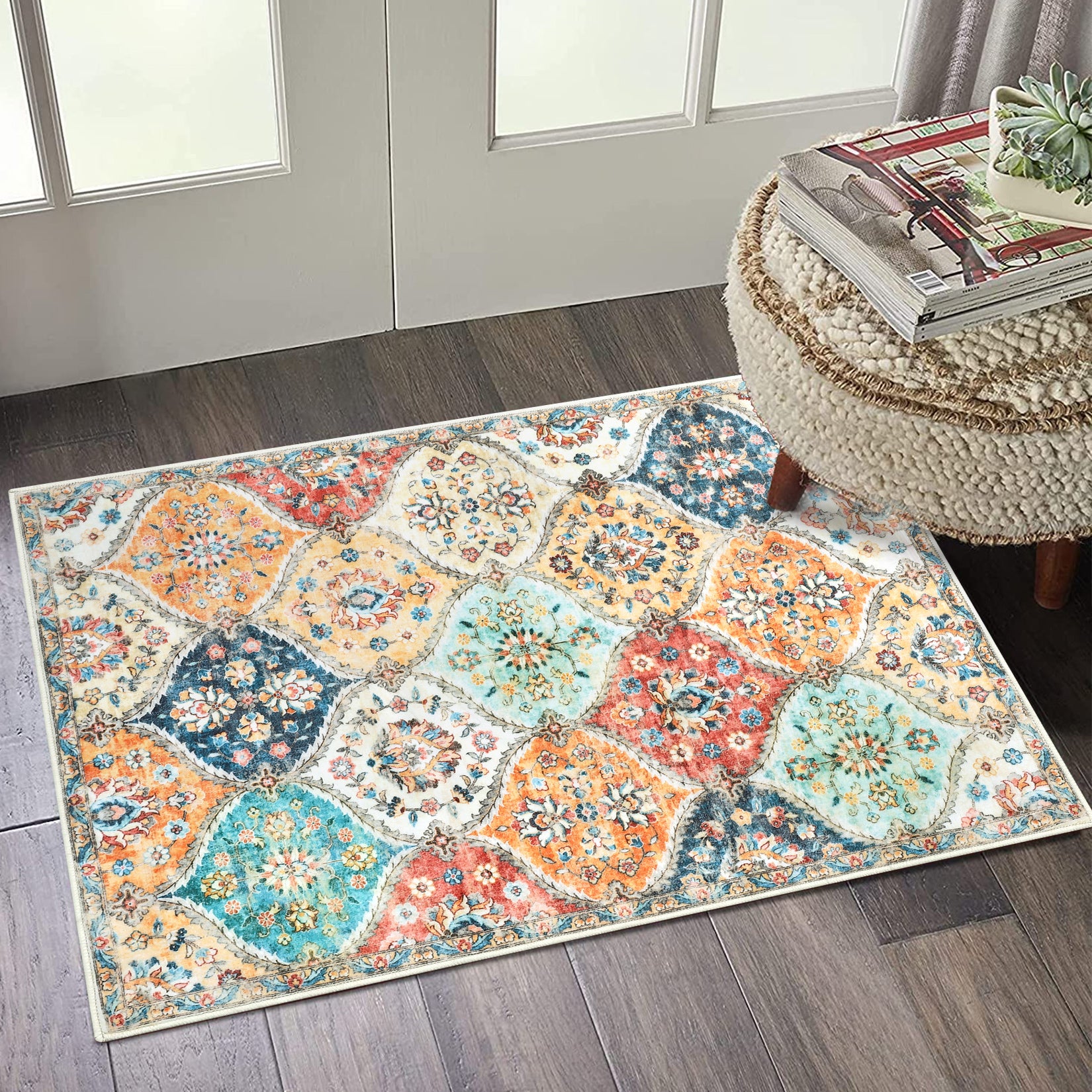Garvee Area Rug 2x3 Non-Slip Washable Faux Wool Soft Low-Pile Floral Pattern Stain-Resistant Entryway, Kitchen, Living Room
